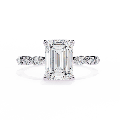 Emerald Cut Lab Grown Diamond Side Stone Engagement Ring with Marquise and Round Eternity Band