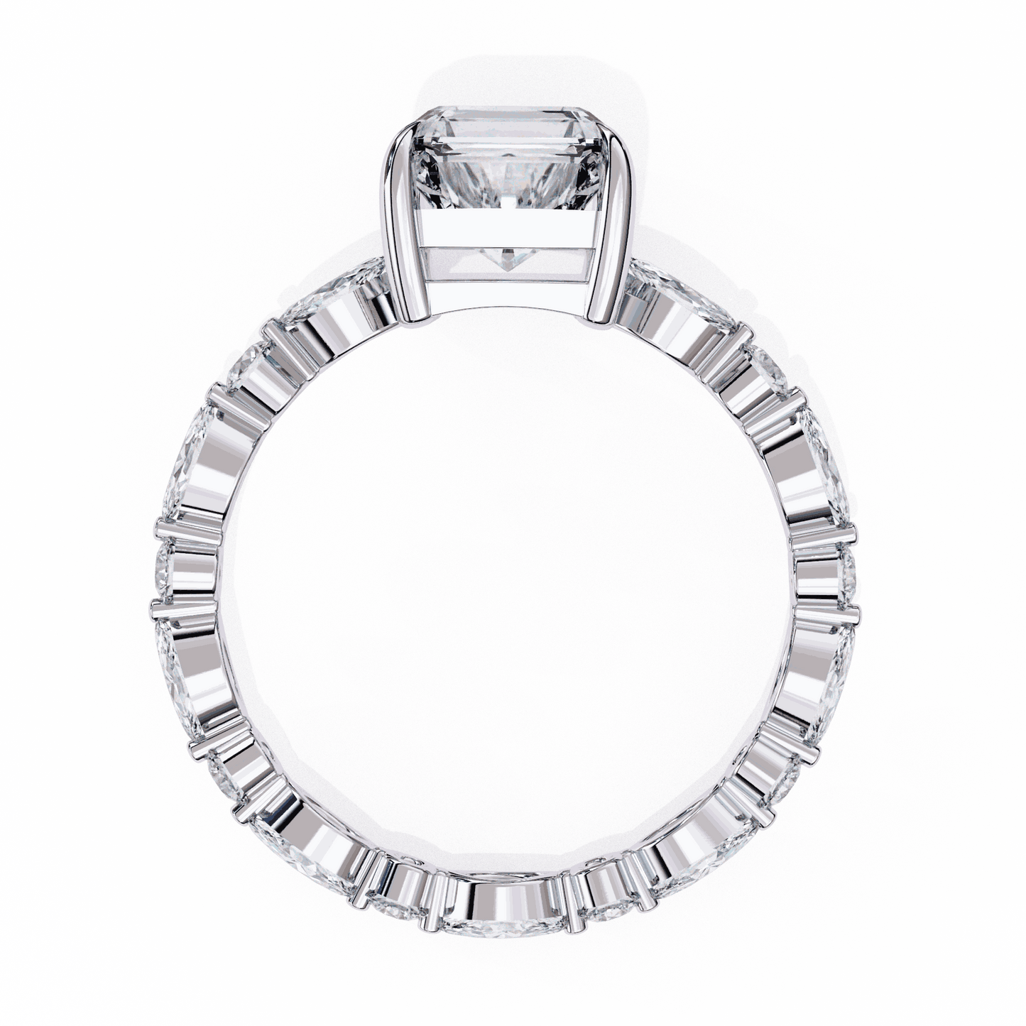 Emerald Cut Lab Grown Diamond Side Stone Engagement Ring with Marquise and Round Eternity Band