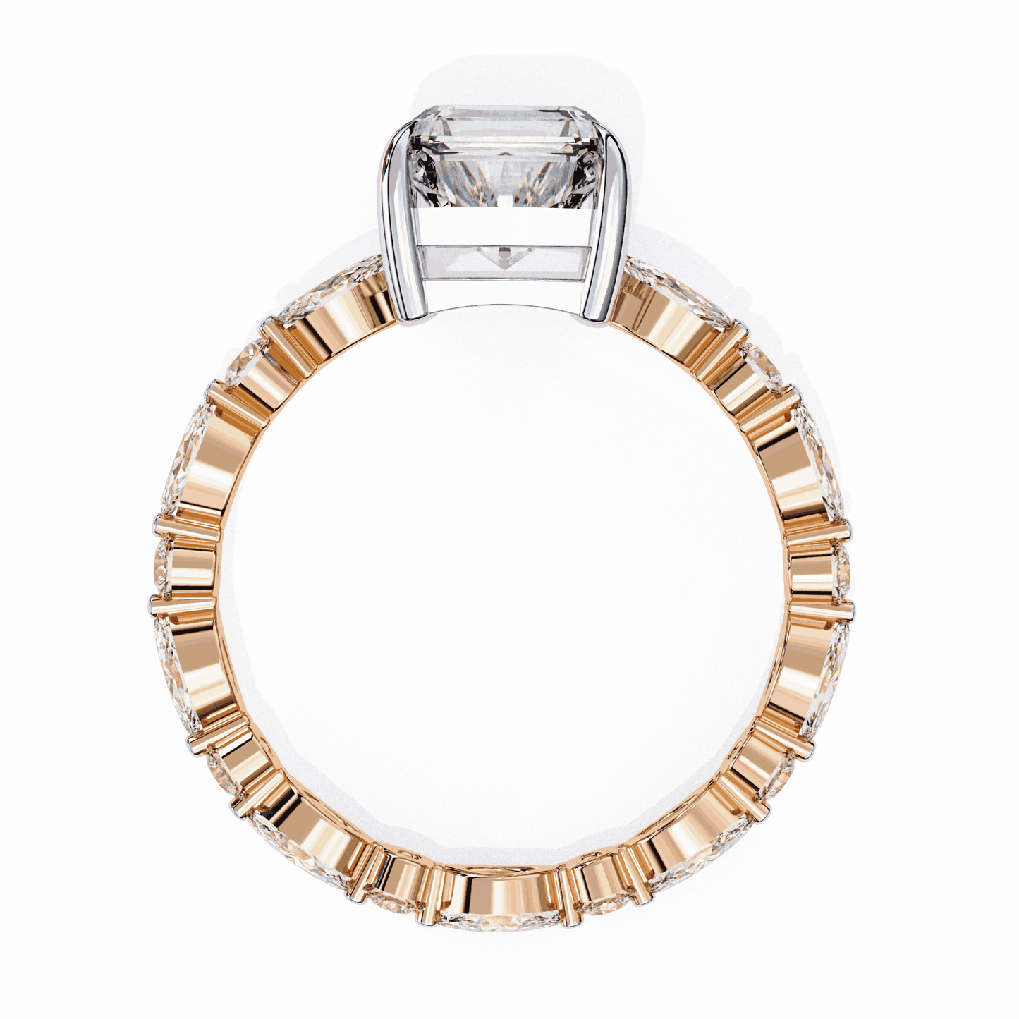 Emerald Cut Lab Grown Diamond Side Stone Engagement Ring with Marquise and Round Eternity Band