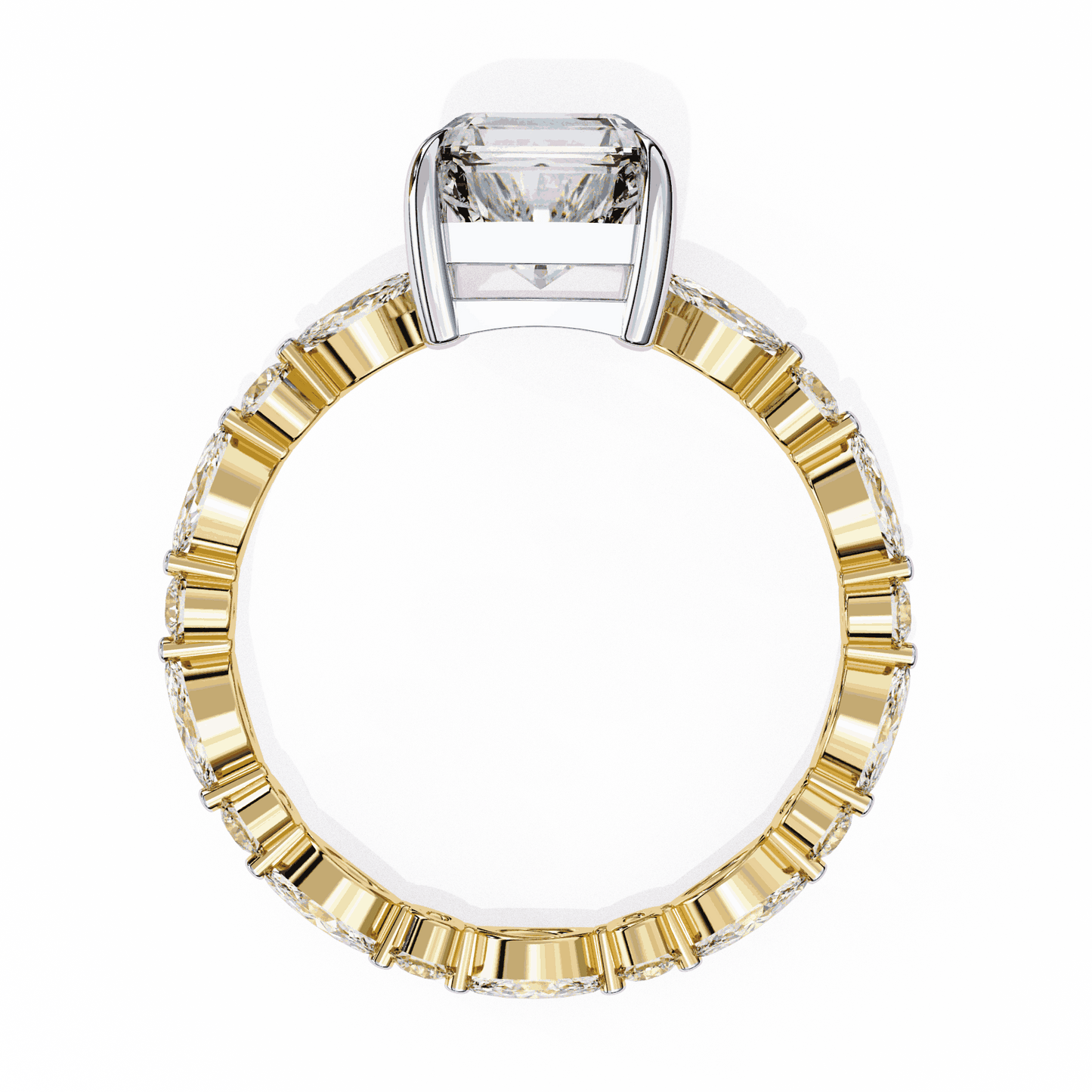 Emerald Cut Lab Grown Diamond Side Stone Engagement Ring with Marquise and Round Eternity Band
