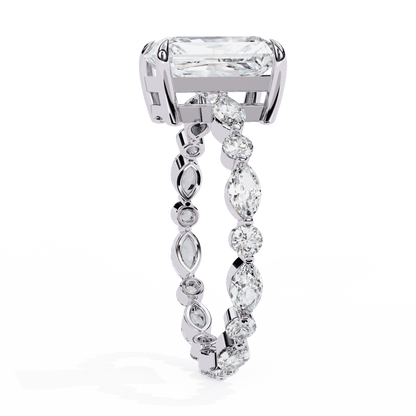 Emerald Cut Lab Grown Diamond Side Stone Engagement Ring with Marquise and Round Eternity Band