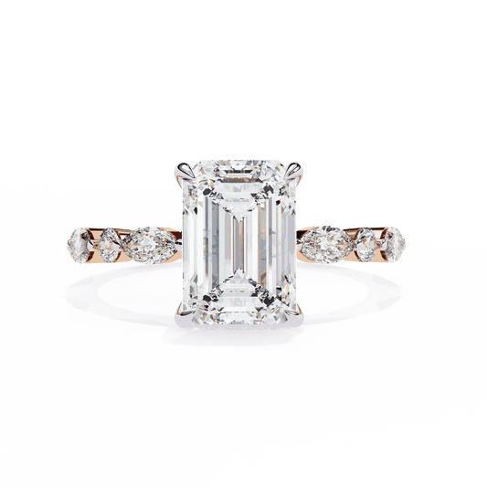 Emerald Cut Lab Grown Diamond Side Stone Engagement Ring with Marquise and Round Eternity Band