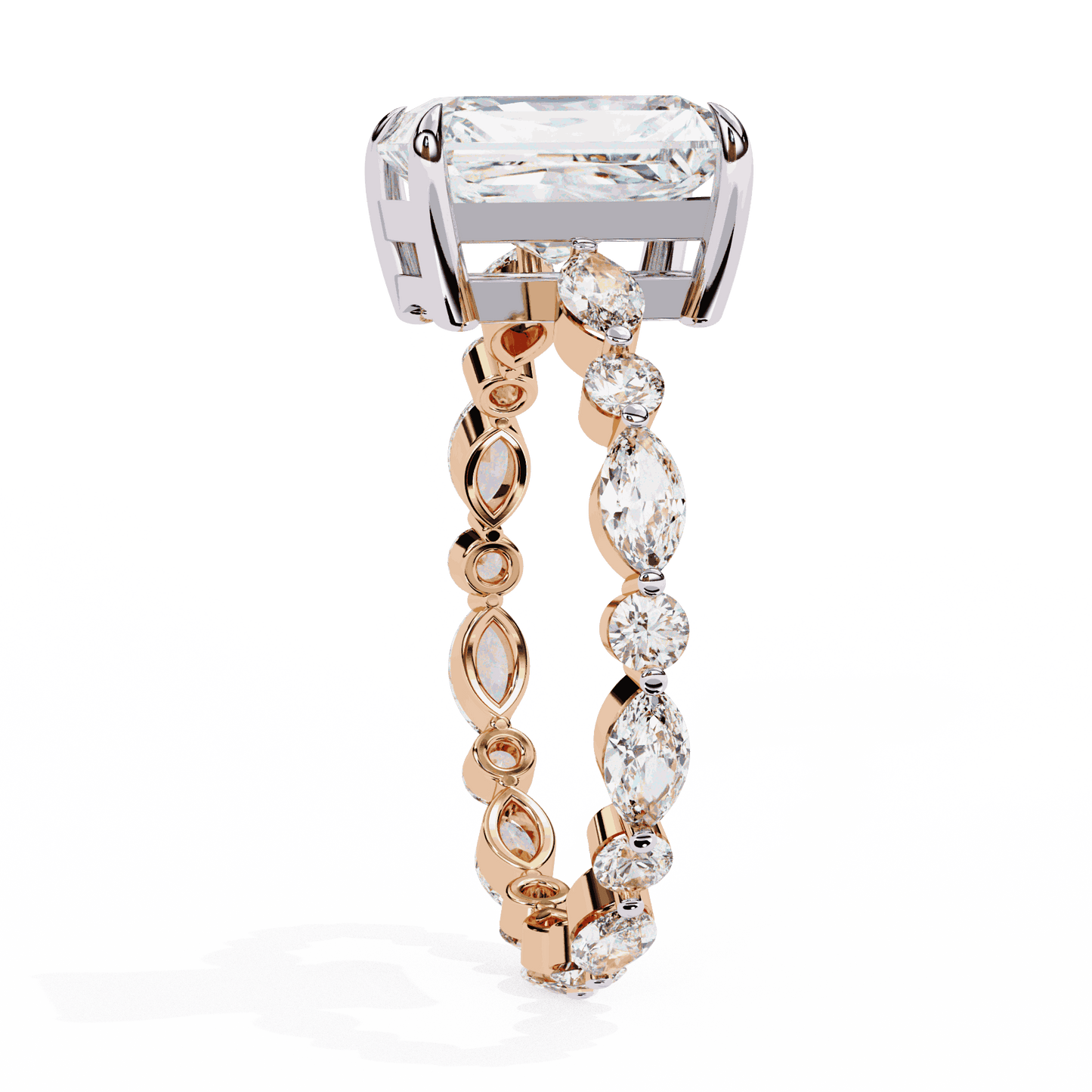 Emerald Cut Lab Grown Diamond Side Stone Engagement Ring with Marquise and Round Eternity Band