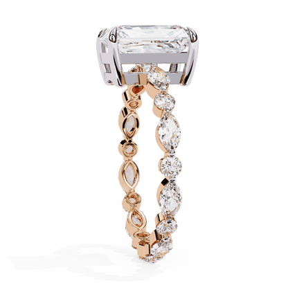 Emerald Cut Lab Grown Diamond Side Stone Engagement Ring with Marquise and Round Eternity Band