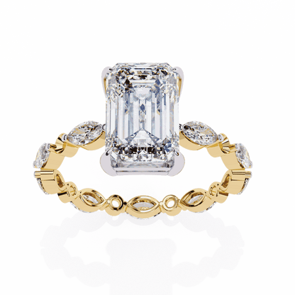 Emerald Cut Lab Grown Diamond Side Stone Engagement Ring with Marquise and Round Eternity Band