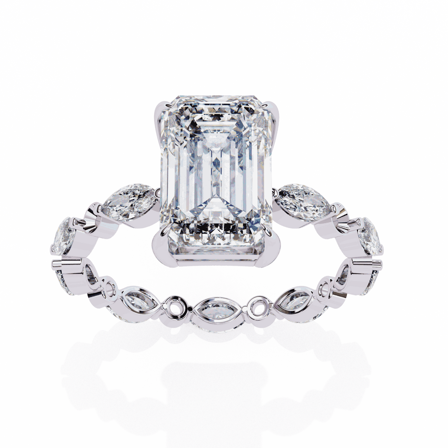 Emerald Cut Lab Grown Diamond Side Stone Engagement Ring with Marquise and Round Eternity Band