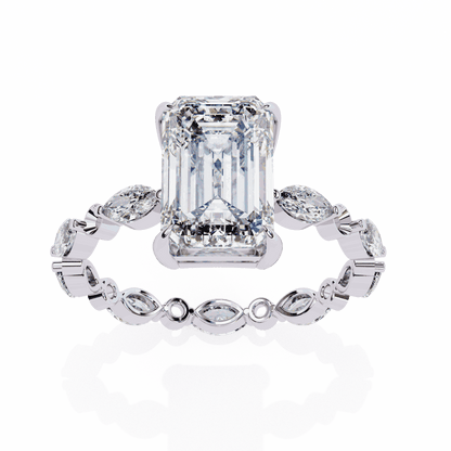 Emerald Cut Lab Grown Diamond Side Stone Engagement Ring with Marquise and Round Eternity Band