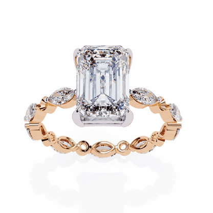 Emerald Cut Lab Grown Diamond Side Stone Engagement Ring with Marquise and Round Eternity Band