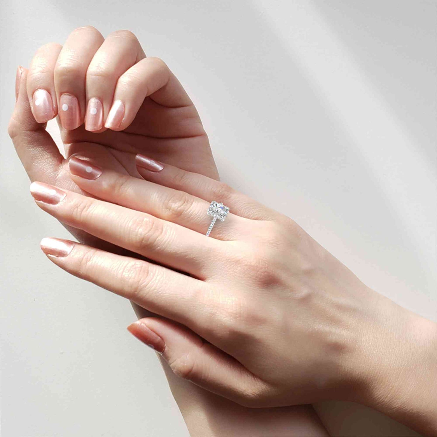 Radiant Cut Lab Grown Diamond Hidden Halo Engagement Ring | 14K White Gold Pavé Band