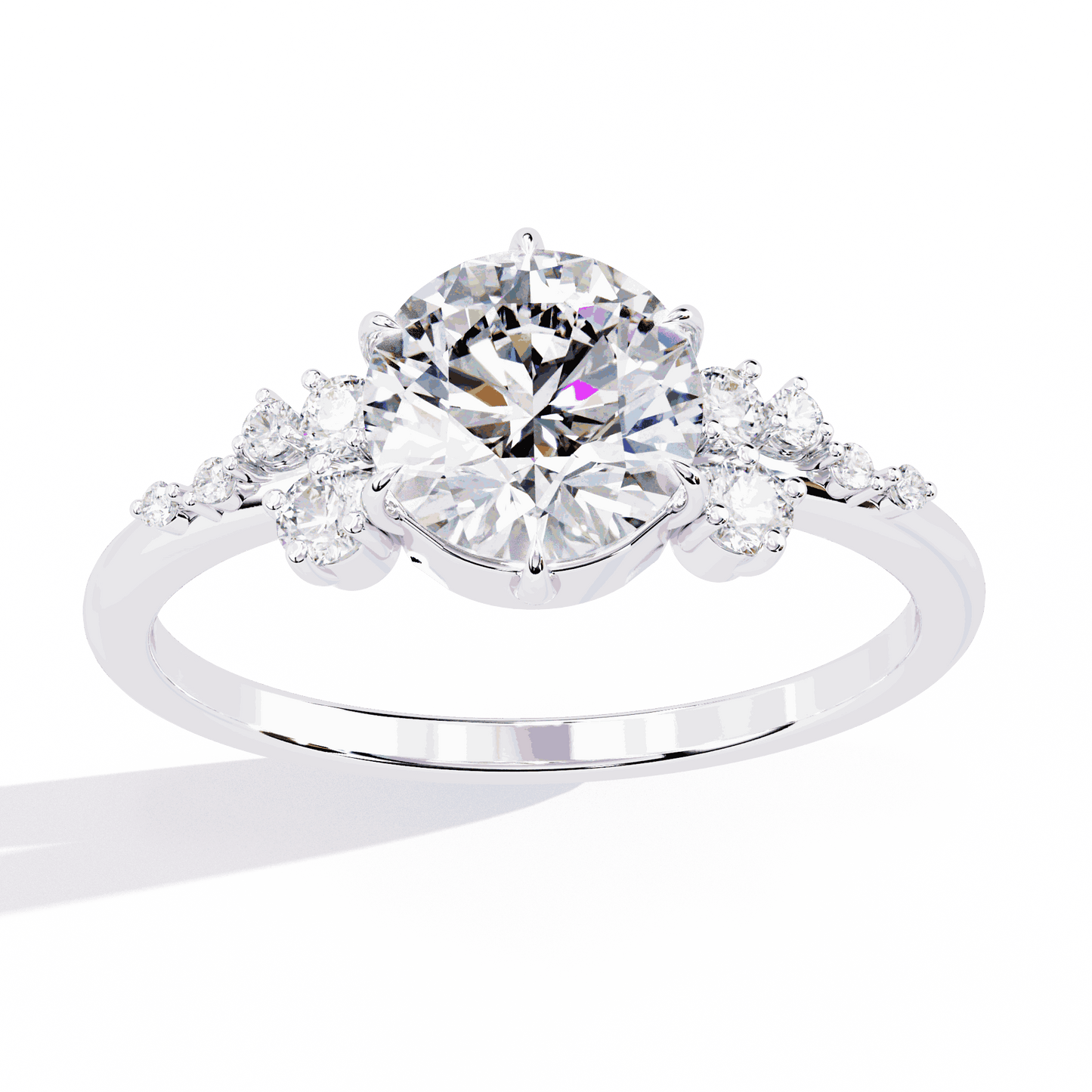Round Cut Lab Grown Diamond Side Stone Engagement Ring with Scattered Cluster Shoulders