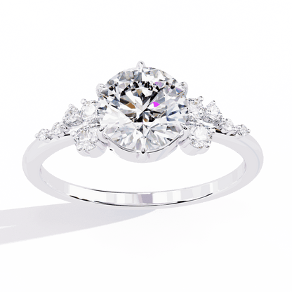 Round Cut Lab Grown Diamond Side Stone Engagement Ring with Scattered Cluster Shoulders