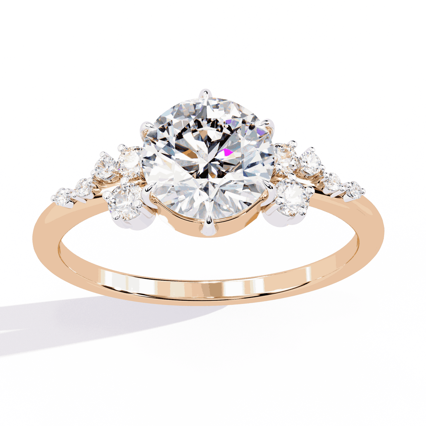 Round Cut Lab Grown Diamond Side Stone Engagement Ring with Scattered Cluster Shoulders
