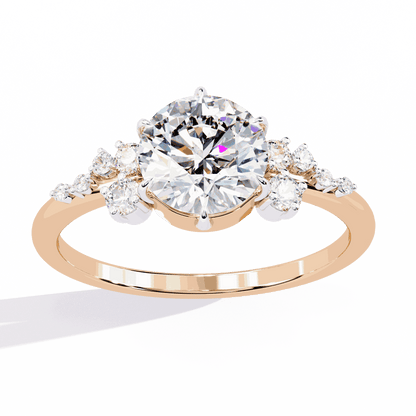 Round Cut Lab Grown Diamond Side Stone Engagement Ring with Scattered Cluster Shoulders