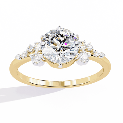 Round Cut Lab Grown Diamond Side Stone Engagement Ring with Scattered Cluster Shoulders