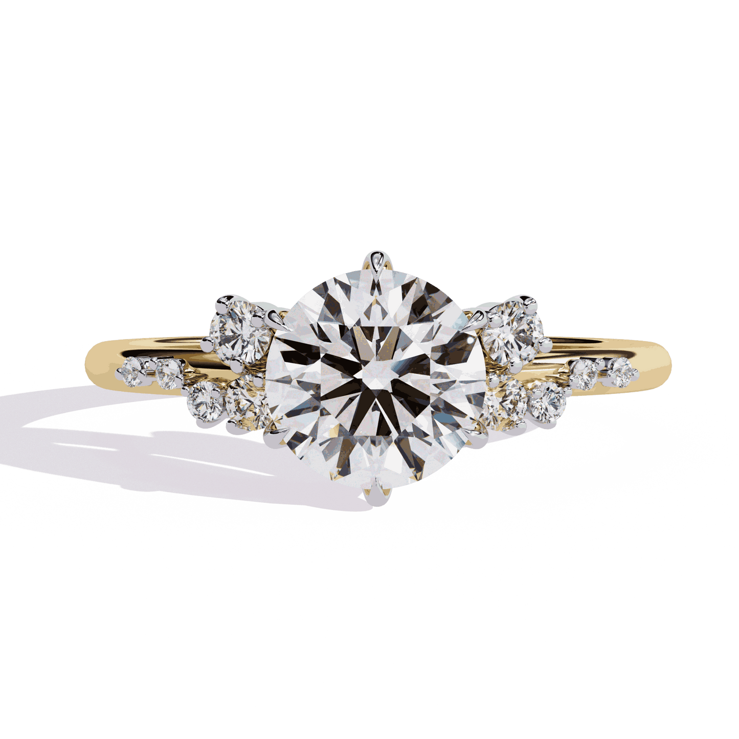 Round Cut Lab Grown Diamond Side Stone Engagement Ring with Scattered Cluster Shoulders