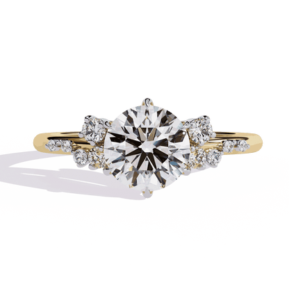 Round Cut Lab Grown Diamond Side Stone Engagement Ring with Scattered Cluster Shoulders