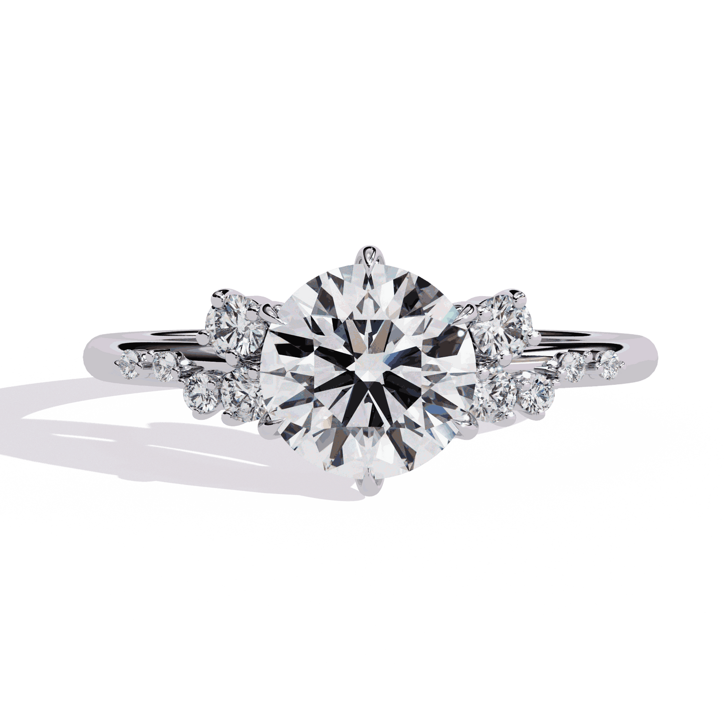 Round Cut Lab Grown Diamond Side Stone Engagement Ring with Scattered Cluster Shoulders