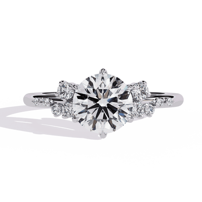 Round Cut Lab Grown Diamond Side Stone Engagement Ring with Scattered Cluster Shoulders