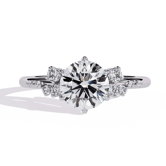 Round Cut Lab Grown Diamond Side Stone Engagement Ring with Scattered Cluster Shoulders