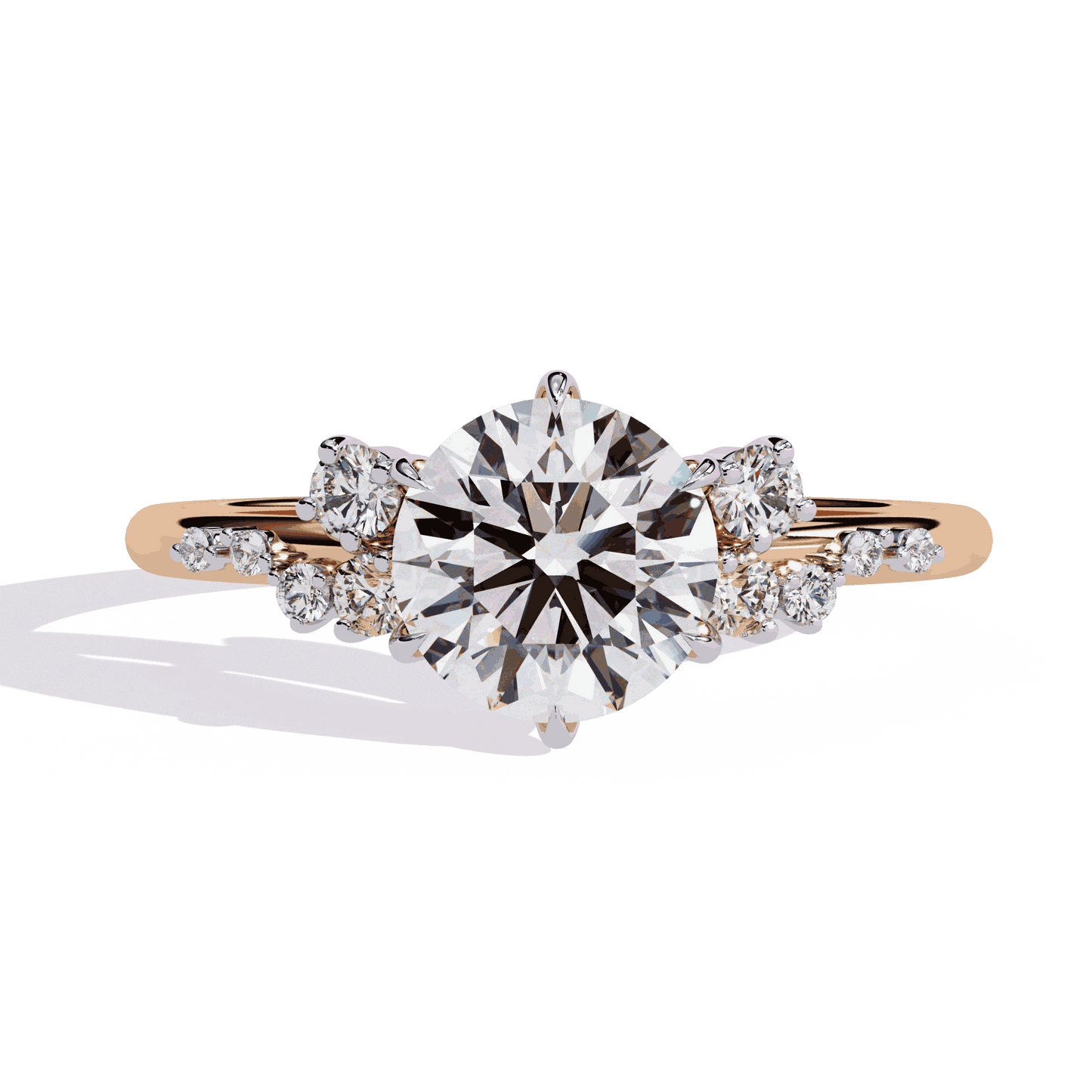 Round Cut Lab Grown Diamond Side Stone Engagement Ring with Scattered Cluster Shoulders