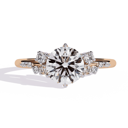 Round Cut Lab Grown Diamond Side Stone Engagement Ring with Scattered Cluster Shoulders