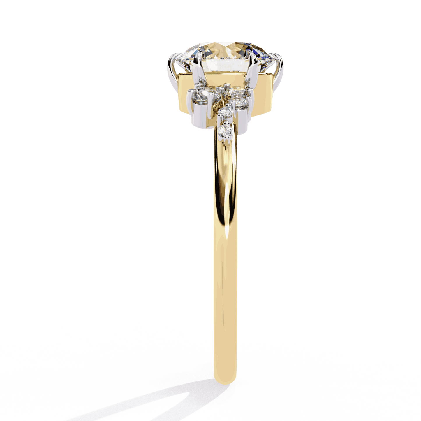 Round Cut Lab Grown Diamond Side Stone Engagement Ring with Scattered Cluster Shoulders