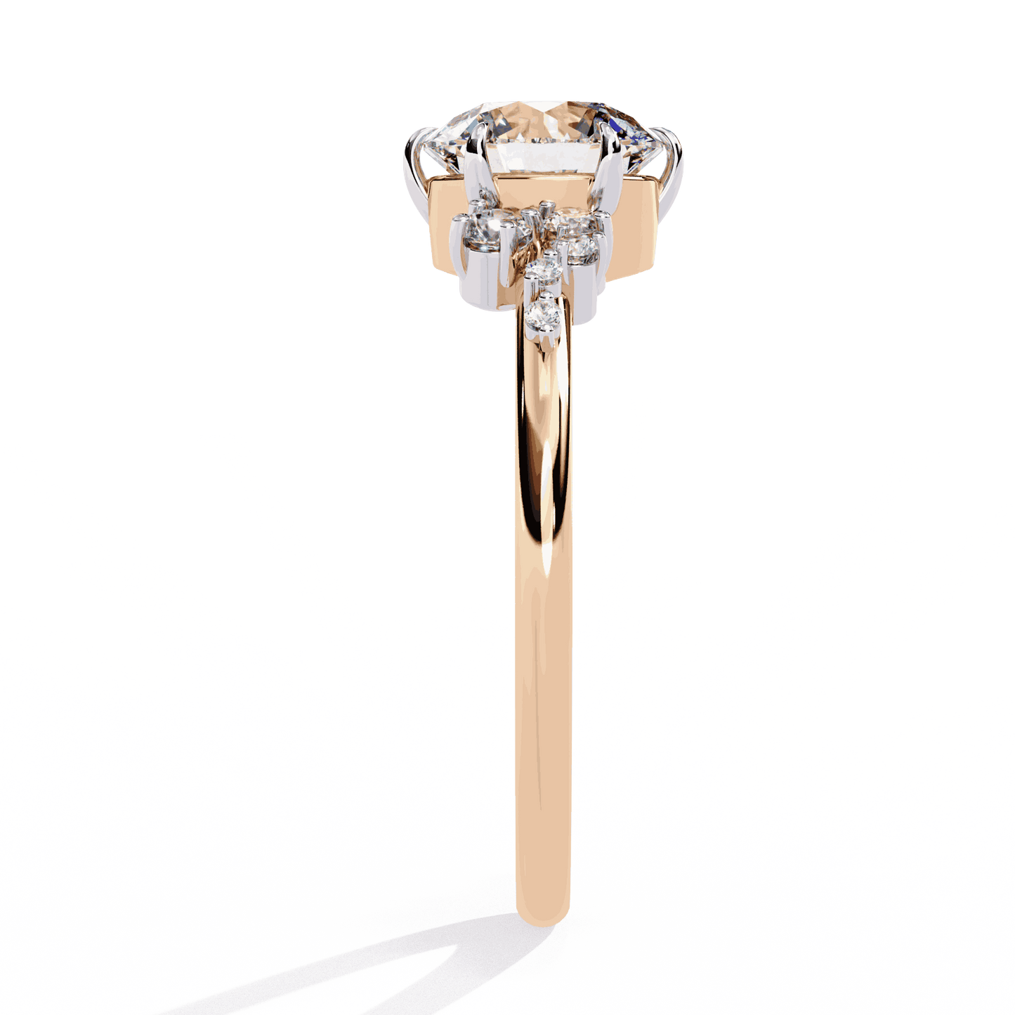 Round Cut Lab Grown Diamond Side Stone Engagement Ring with Scattered Cluster Shoulders