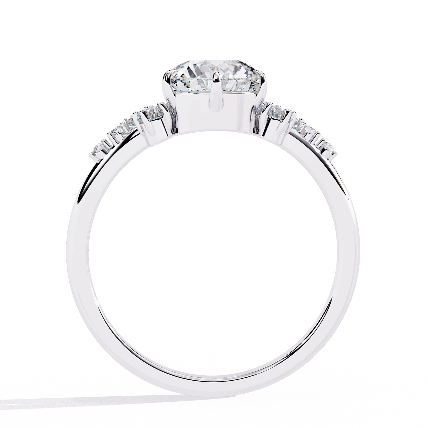 Round Cut Lab Grown Diamond Side Stone Engagement Ring with Scattered Cluster Shoulders