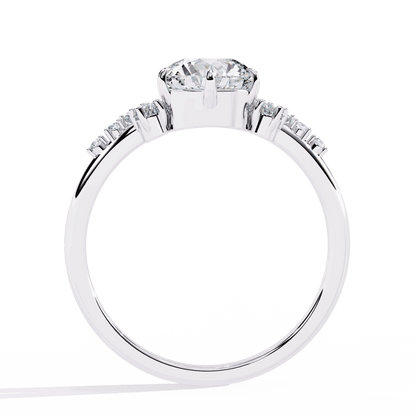 Round Cut Lab Grown Diamond Side Stone Engagement Ring with Scattered Cluster Shoulders