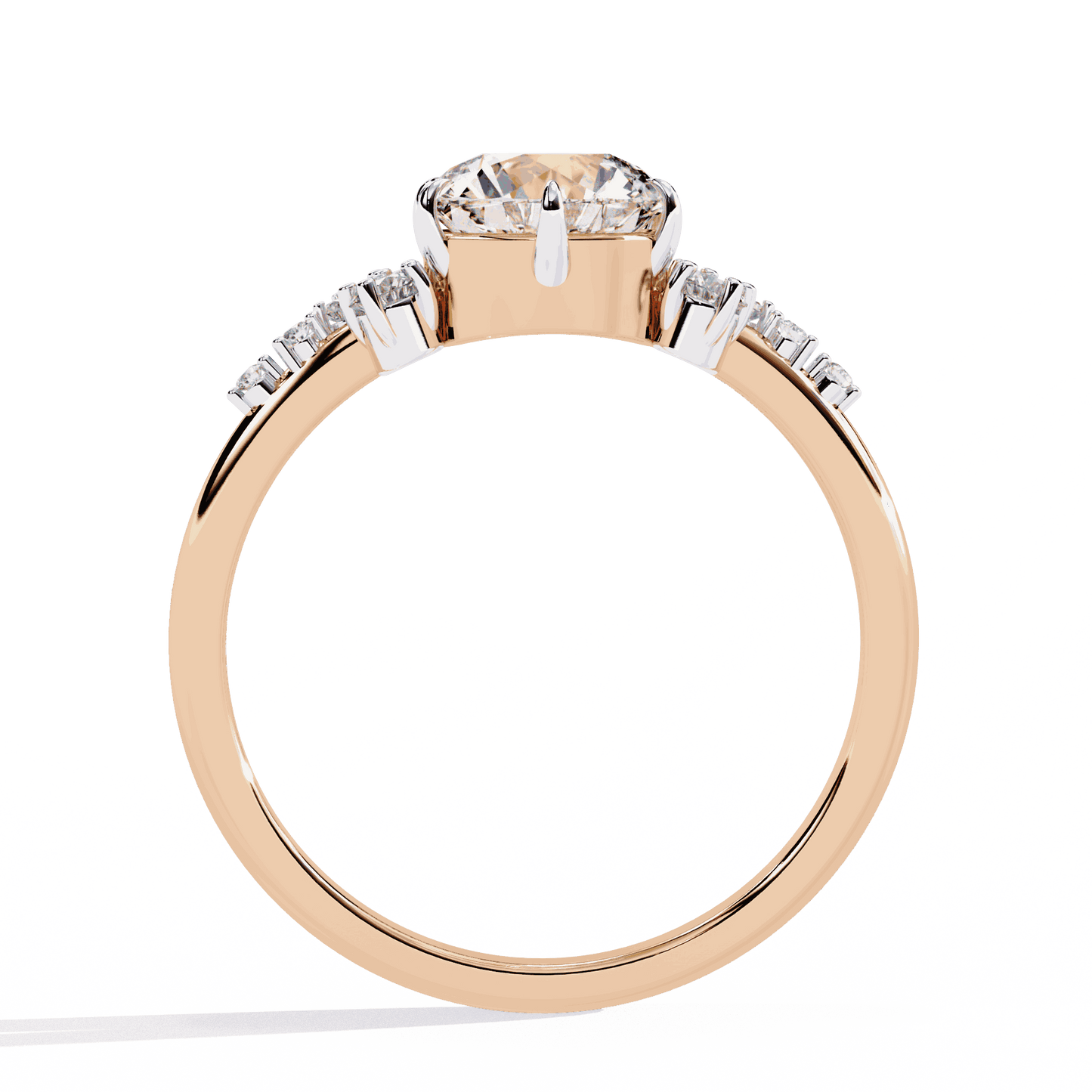 Round Cut Lab Grown Diamond Side Stone Engagement Ring with Scattered Cluster Shoulders