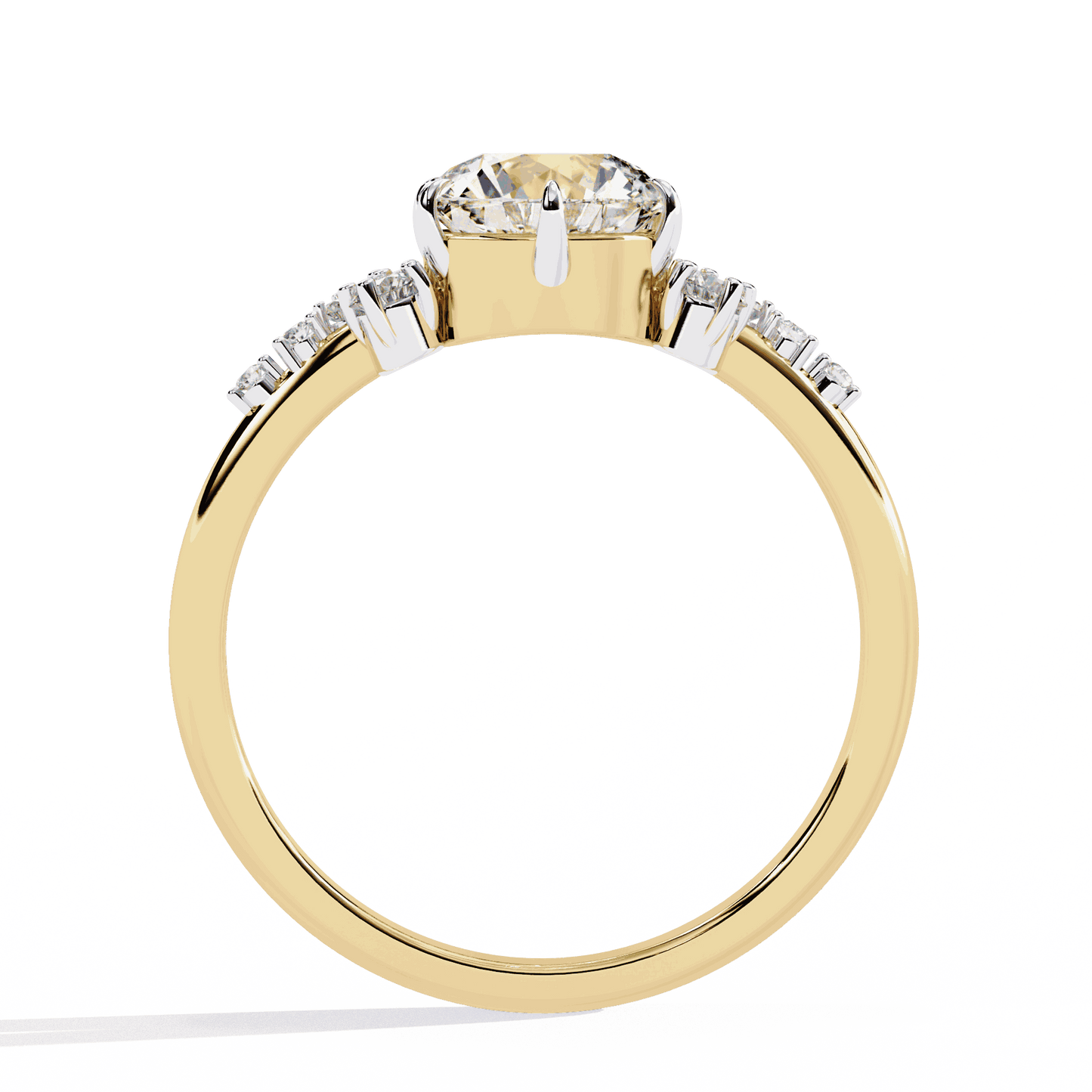 Round Cut Lab Grown Diamond Side Stone Engagement Ring with Scattered Cluster Shoulders