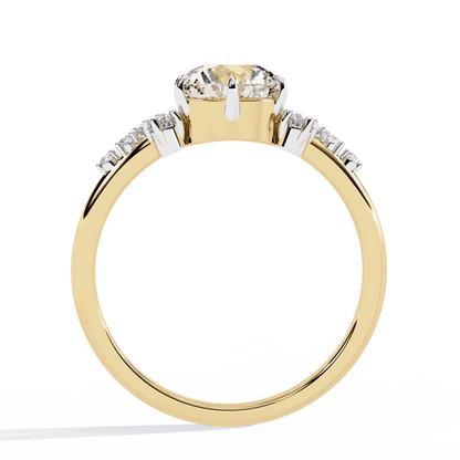 Round Cut Lab Grown Diamond Side Stone Engagement Ring with Scattered Cluster Shoulders