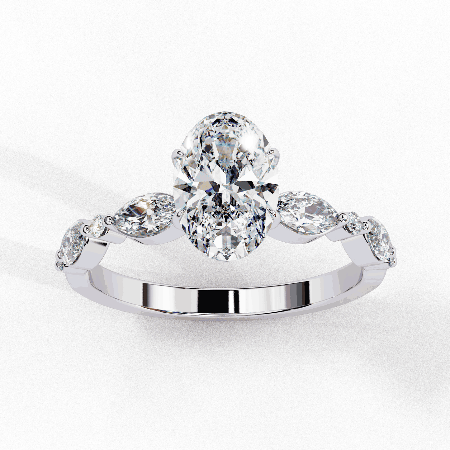 Oval Cut Lab Grown Diamond Pave Engagement Ring with Marquise and Round Accent Shoulders
