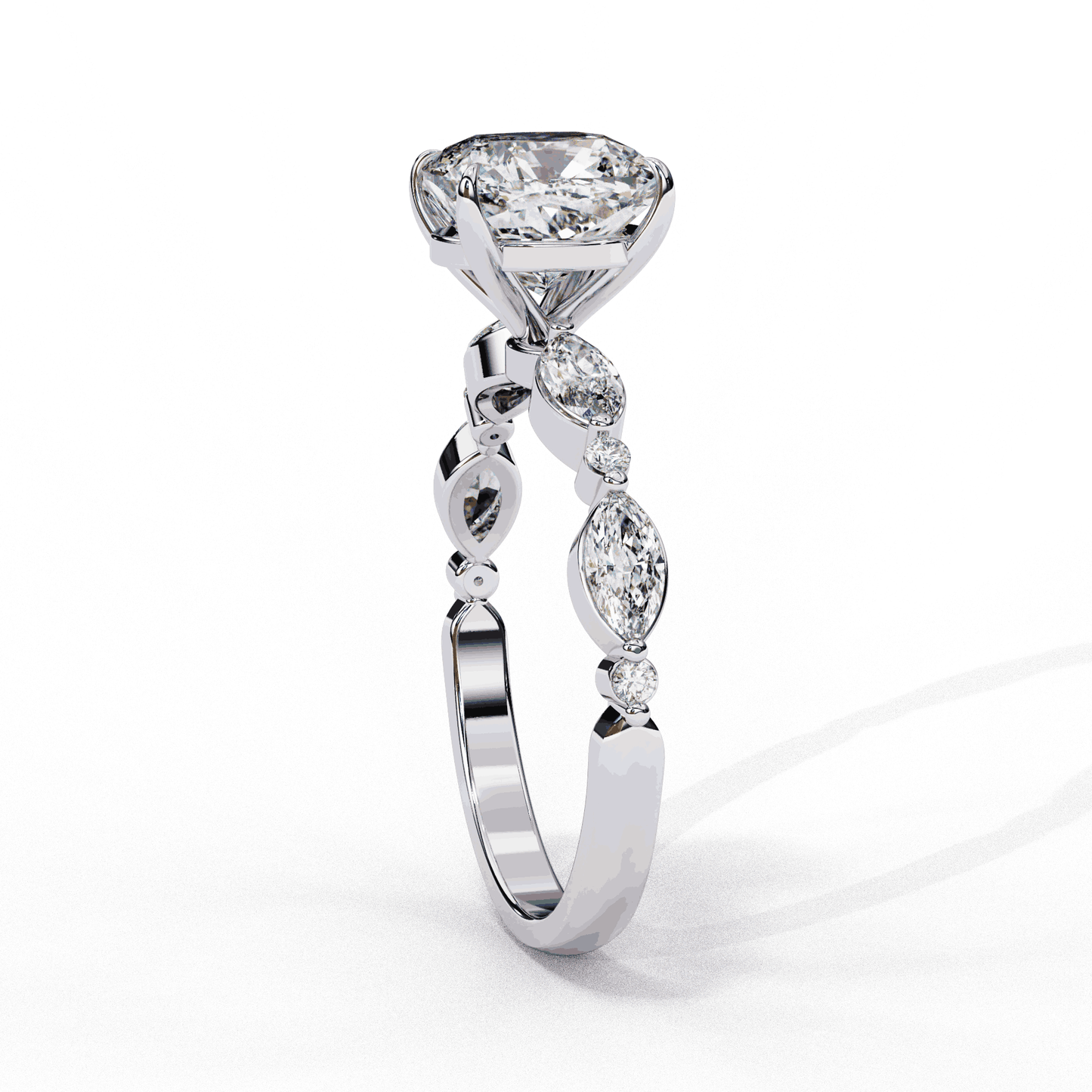 Cushion Cut Lab Grown Diamond Pavé Engagement Ring with Marquise and Round Vintage Shoulders