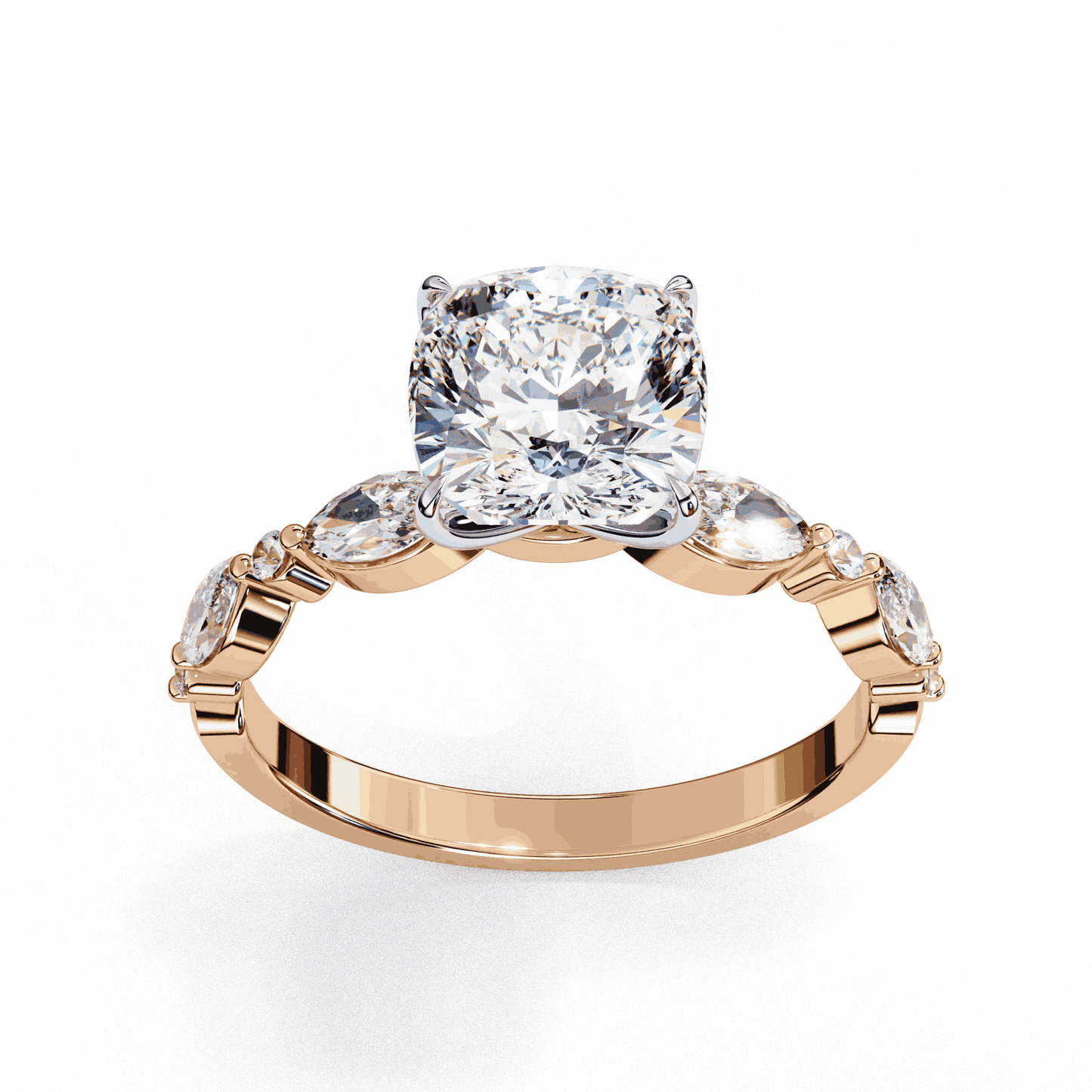 Cushion Cut Lab Grown Diamond Pavé Engagement Ring with Marquise and Round Vintage Shoulders
