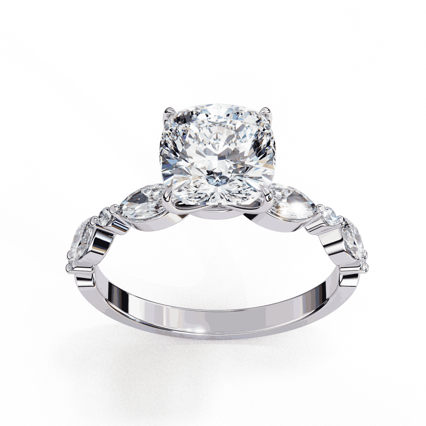 Cushion Cut Lab Grown Diamond Pavé Engagement Ring with Marquise and Round Vintage Shoulders