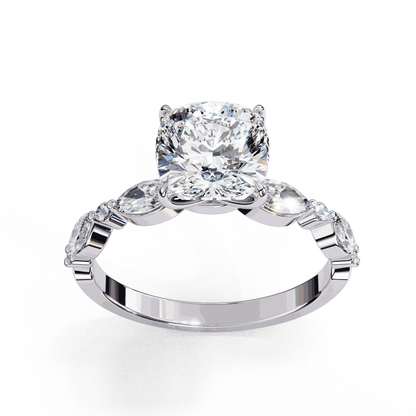 Cushion Cut Lab Grown Diamond Pavé Engagement Ring with Marquise and Round Vintage Shoulders