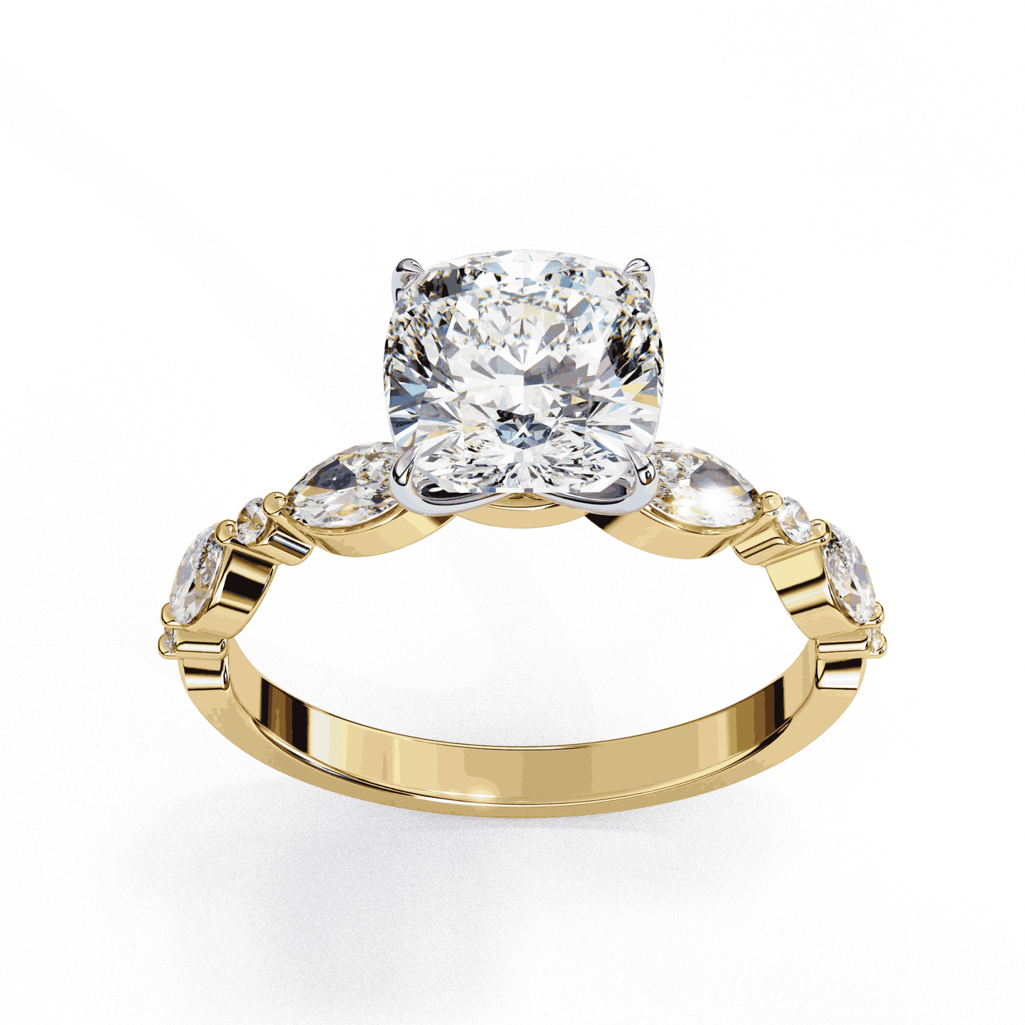 Cushion Cut Lab Grown Diamond Pavé Engagement Ring with Marquise and Round Vintage Shoulders