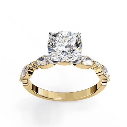 Cushion Cut Lab Grown Diamond Pavé Engagement Ring with Marquise and Round Vintage Shoulders