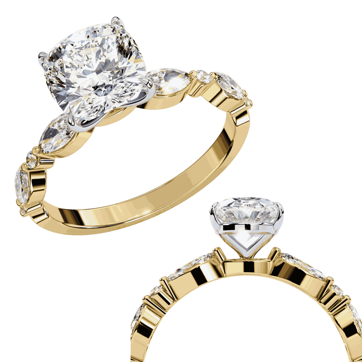 Cushion Cut Lab Grown Diamond Pavé Engagement Ring with Marquise and Round Vintage Shoulders