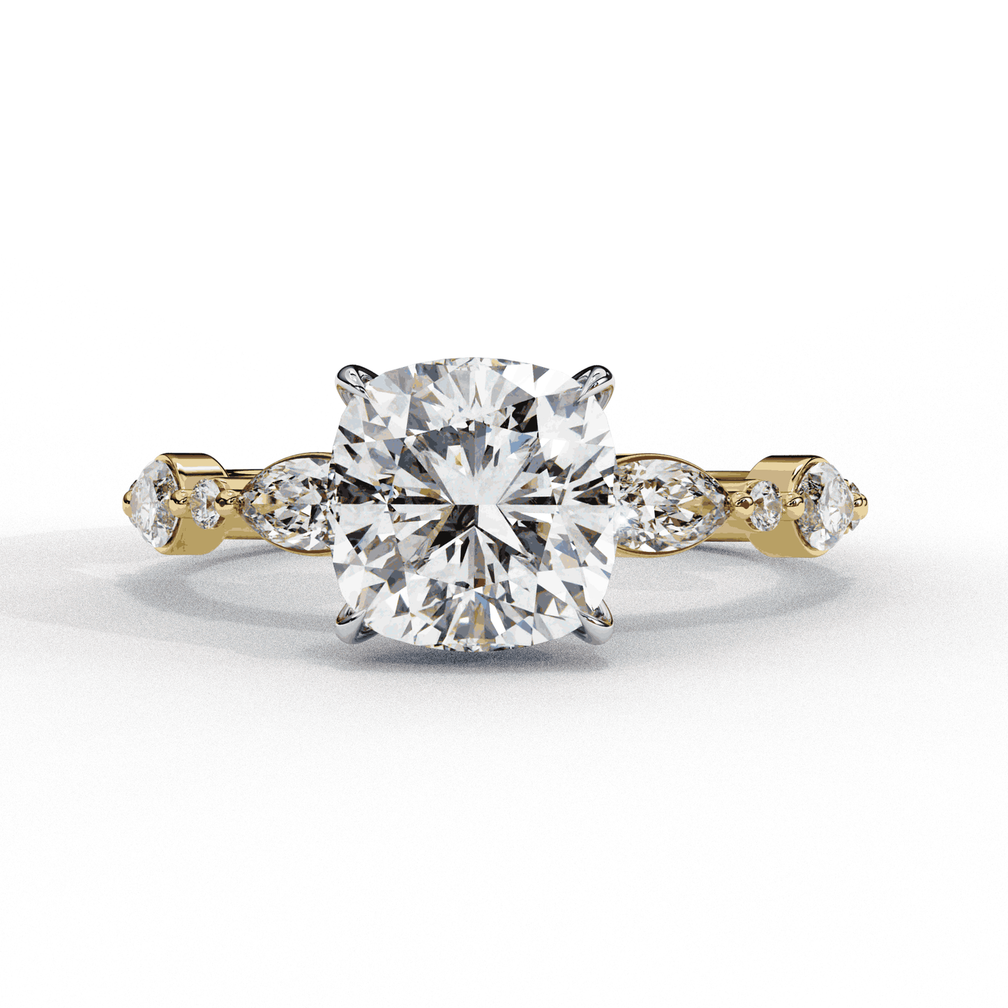 Cushion Cut Lab Grown Diamond Pavé Engagement Ring with Marquise and Round Vintage Shoulders