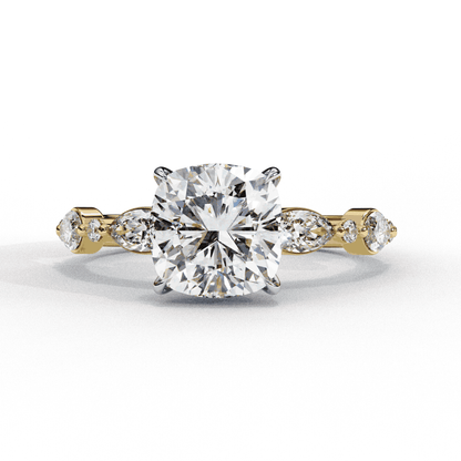 Cushion Cut Lab Grown Diamond Pavé Engagement Ring with Marquise and Round Vintage Shoulders