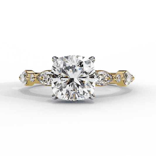 Cushion Cut Lab Grown Diamond Pavé Engagement Ring with Marquise and Round Vintage Shoulders
