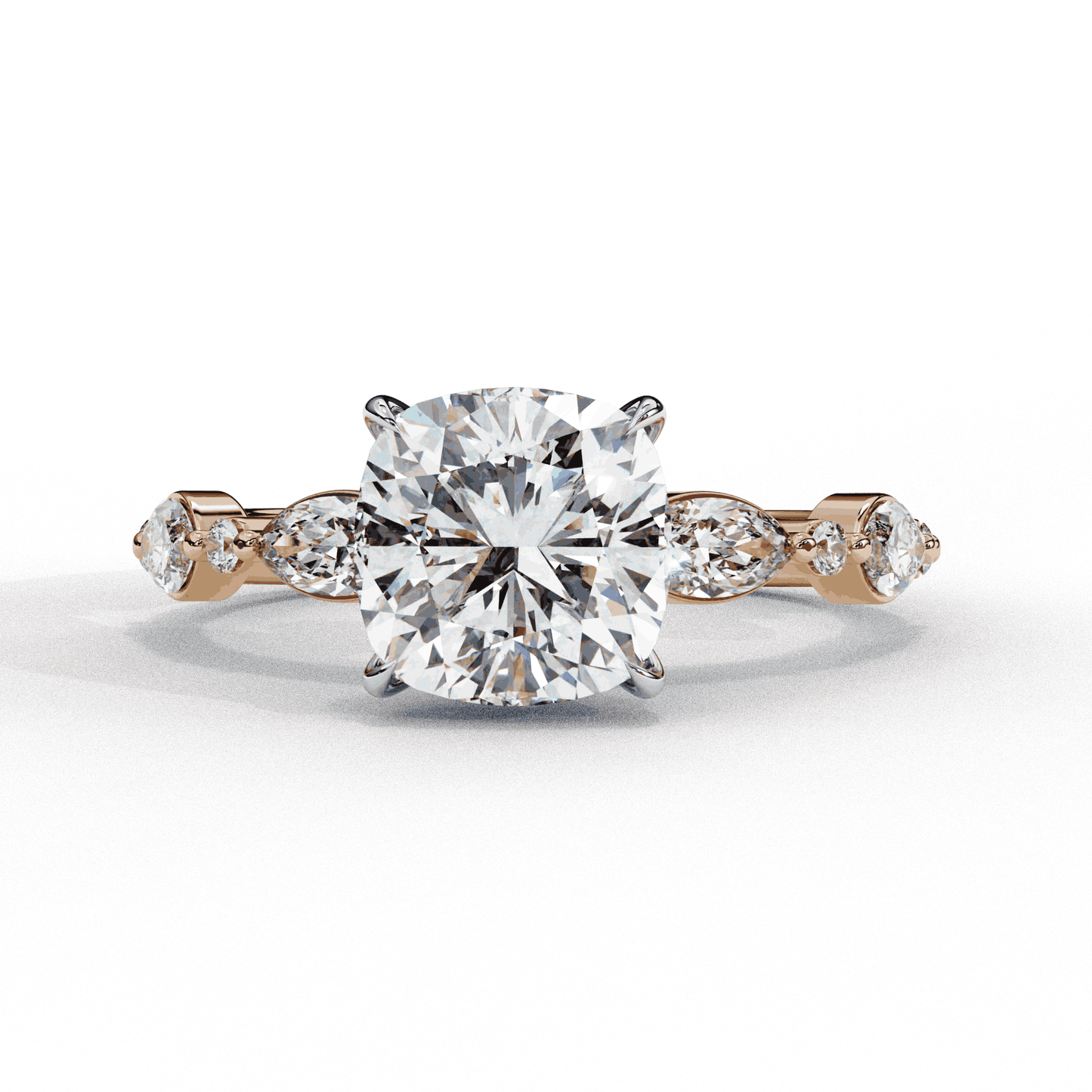 Cushion Cut Lab Grown Diamond Pavé Engagement Ring with Marquise and Round Vintage Shoulders