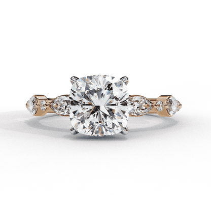 Cushion Cut Lab Grown Diamond Pavé Engagement Ring with Marquise and Round Vintage Shoulders