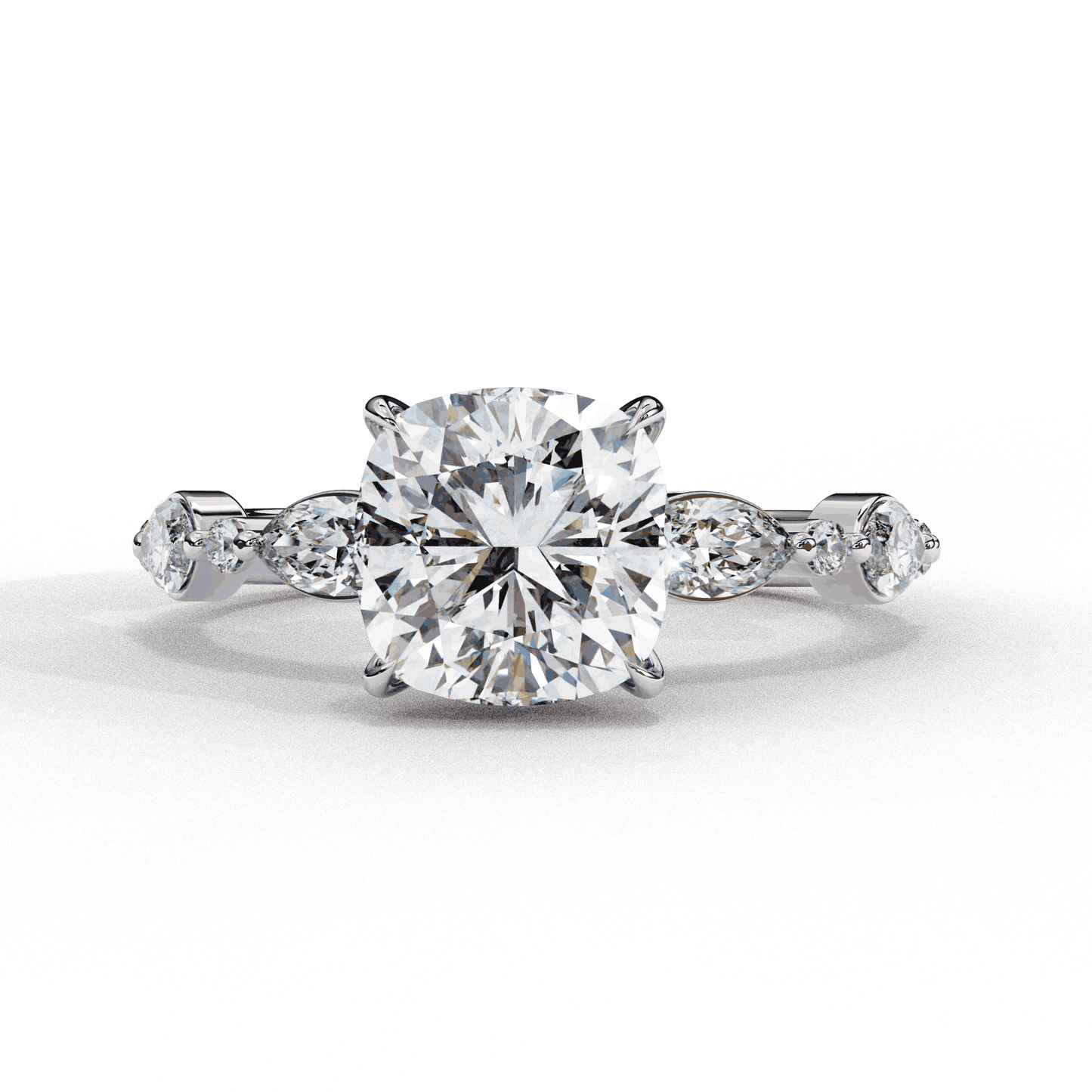 Cushion Cut Lab Grown Diamond Pavé Engagement Ring with Marquise and Round Vintage Shoulders