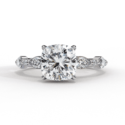 Cushion Cut Lab Grown Diamond Pavé Engagement Ring with Marquise and Round Vintage Shoulders