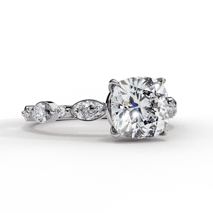 Cushion Cut Lab Grown Diamond Pavé Engagement Ring with Marquise and Round Vintage Shoulders