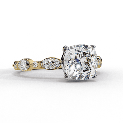 Cushion Cut Lab Grown Diamond Pavé Engagement Ring with Marquise and Round Vintage Shoulders