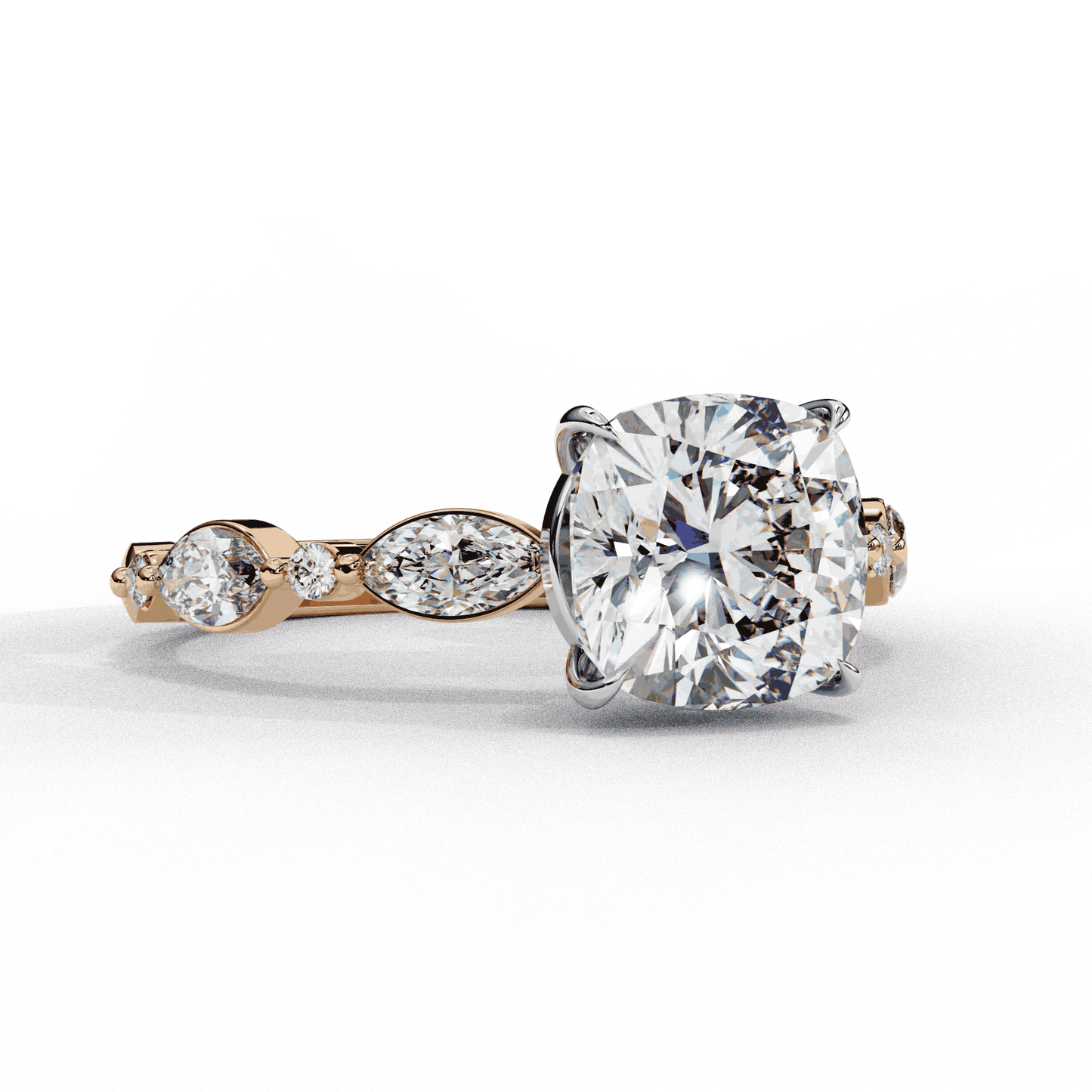 Cushion Cut Lab Grown Diamond Pavé Engagement Ring with Marquise and Round Vintage Shoulders
